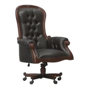 Elegant leather executive chair with wooden accents.
