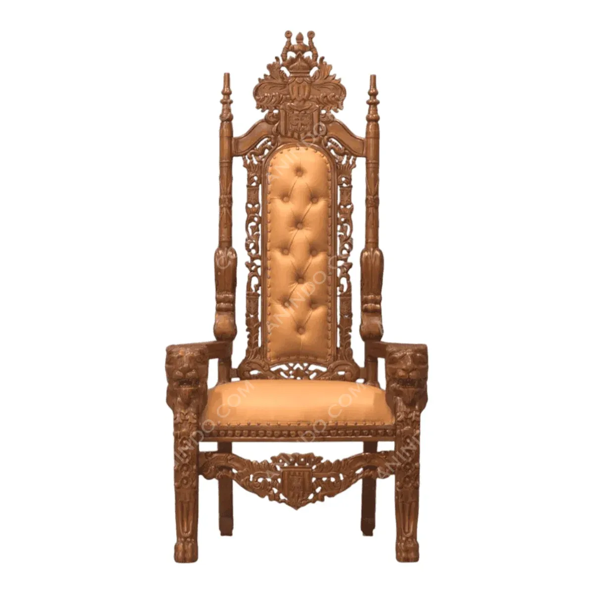 Ornate wooden throne with upholstered seat