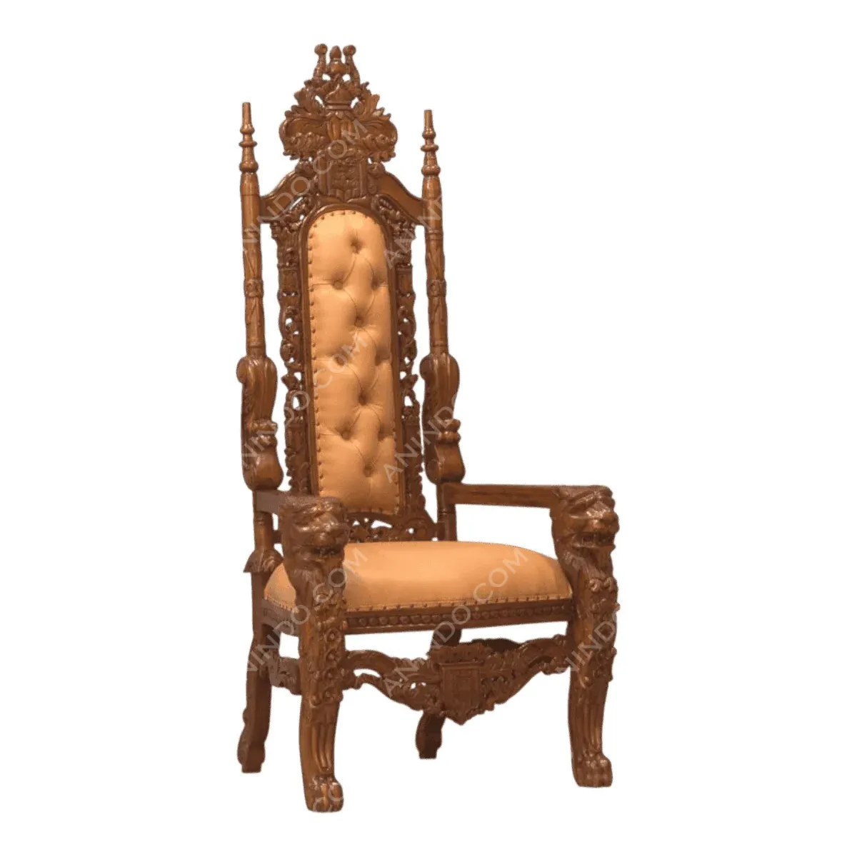 Intricately carved wooden throne with upholstered seat.