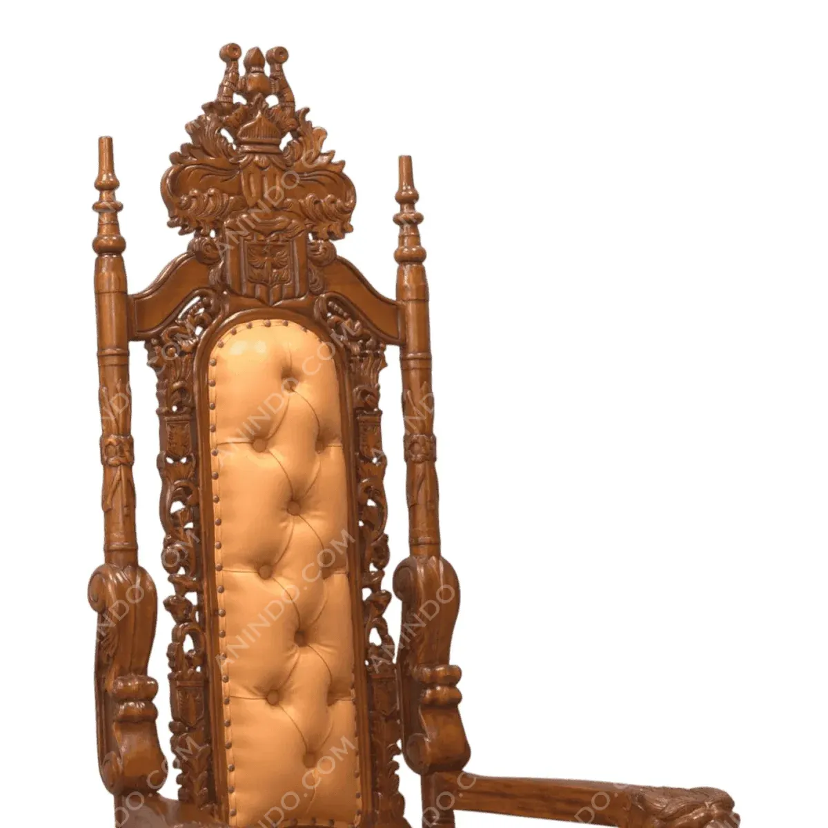 Ornate wooden throne chair with tufted upholstery.