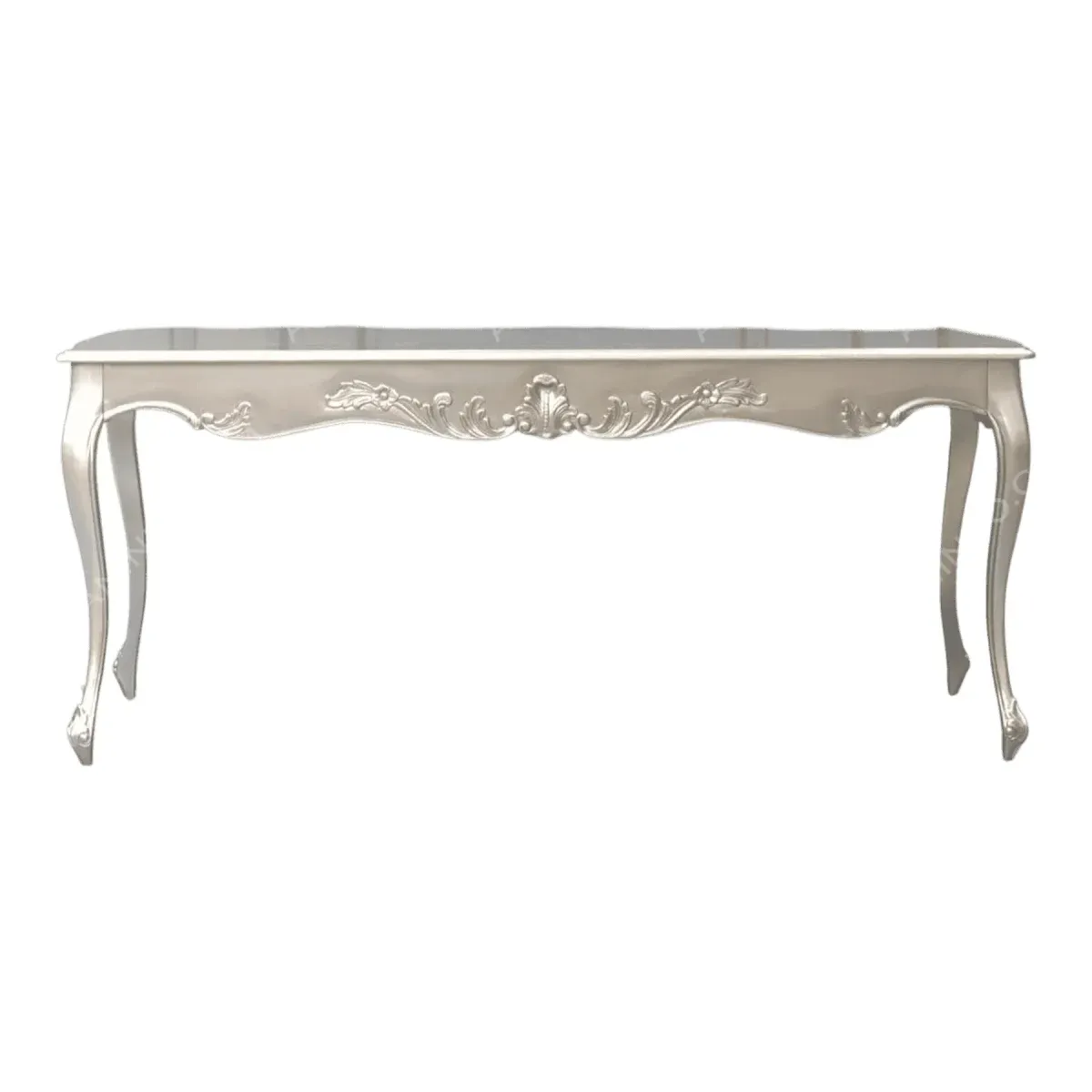 Elegant silver console table with intricate design.