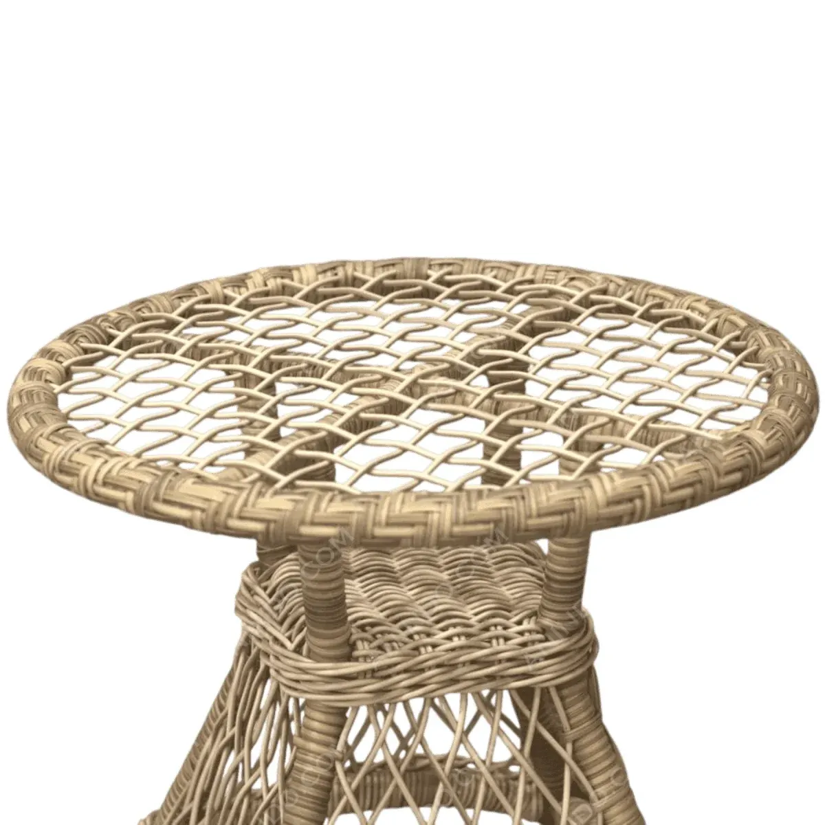Round woven rattan side table with open design.