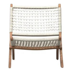 Modern woven chair with wooden frame design.