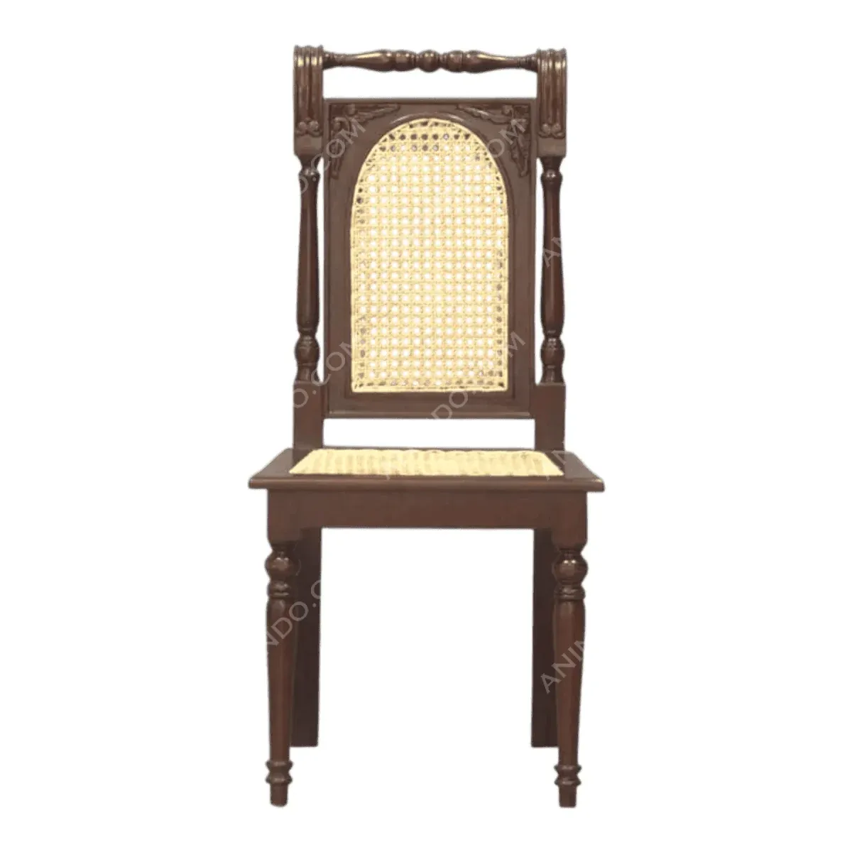 Elegant wooden chair with cane seat and backrest.