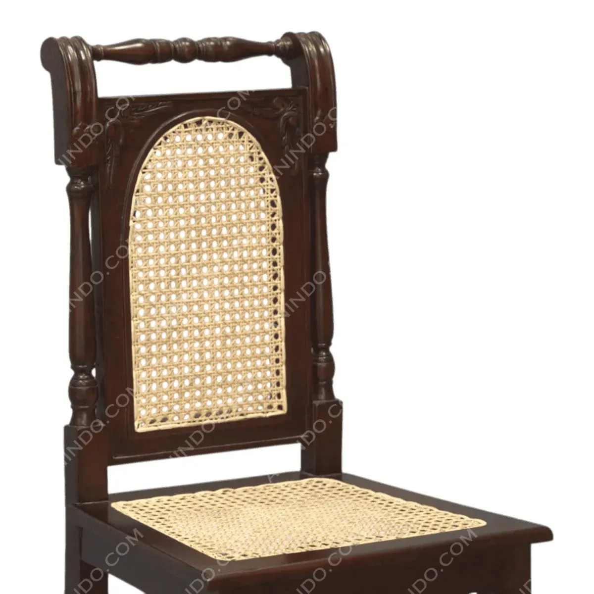 Traditional wooden chair with cane seat design.