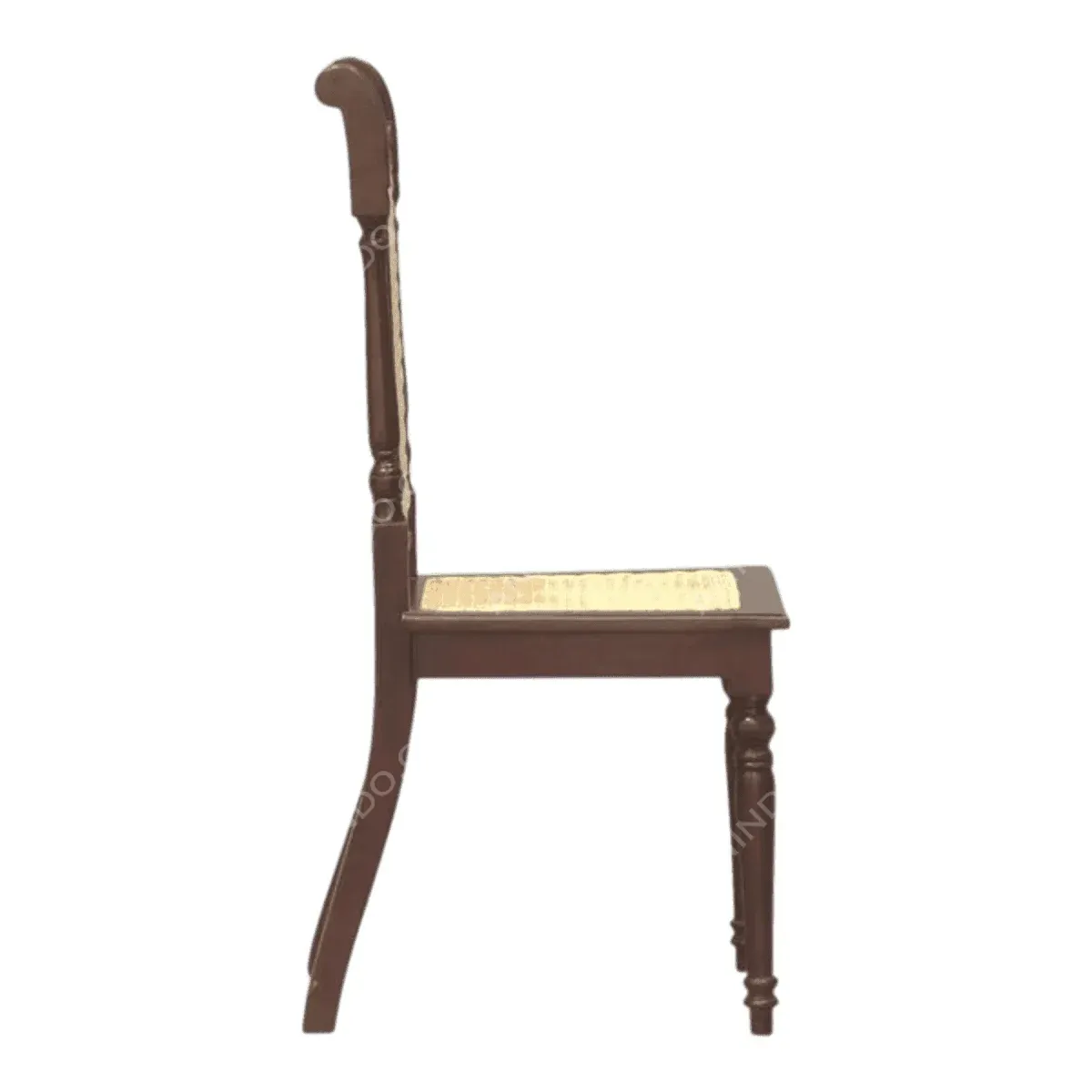 Side view of a wooden chair with woven seat.