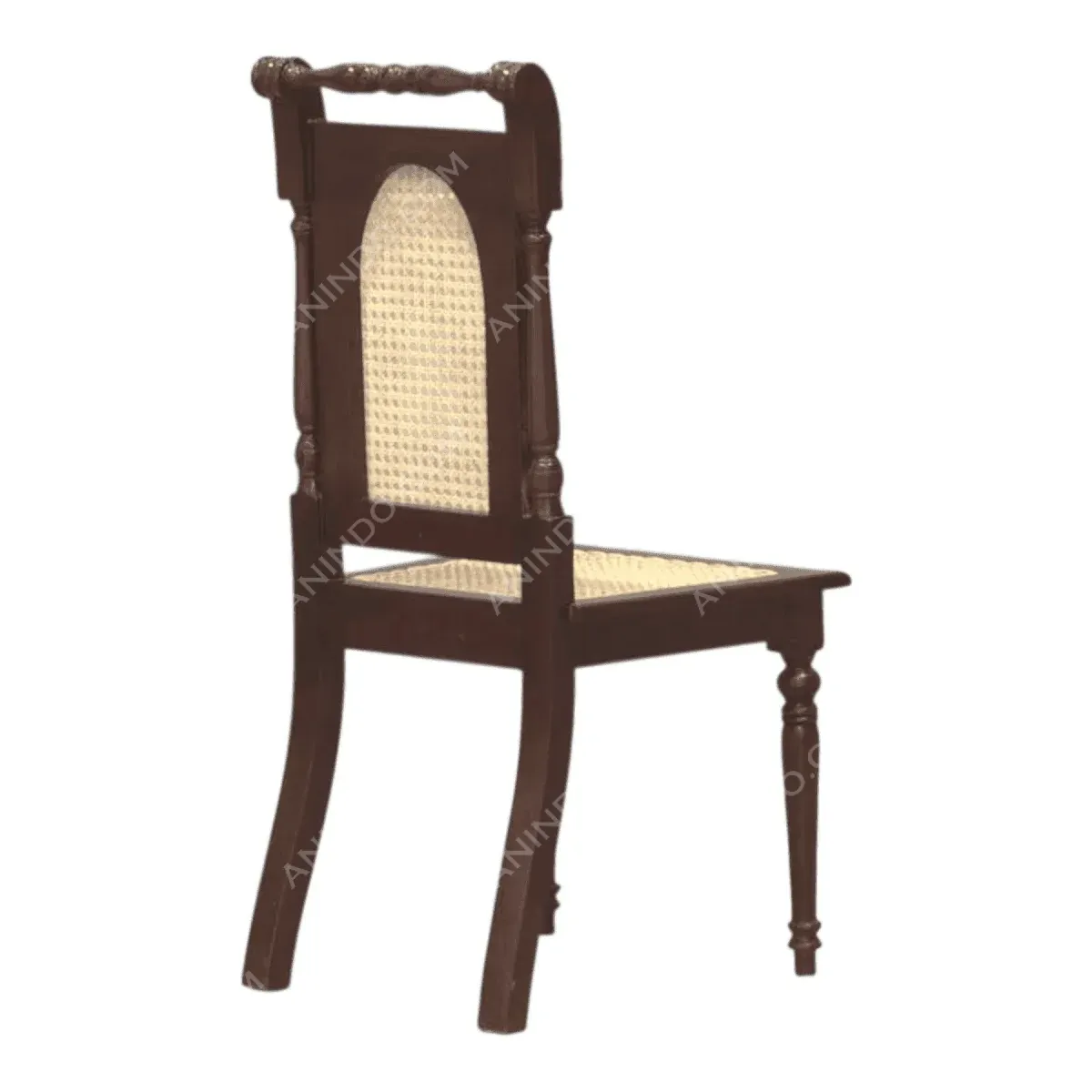 Elegant wooden chair with cane seating.