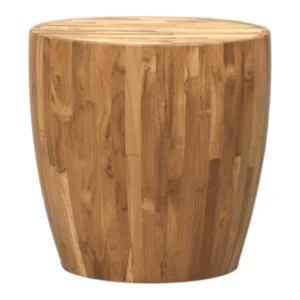 Round wooden accent table with a natural finish.