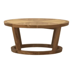 Round wooden coffee table with a unique design.