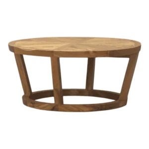 Round wooden coffee table with unique design.