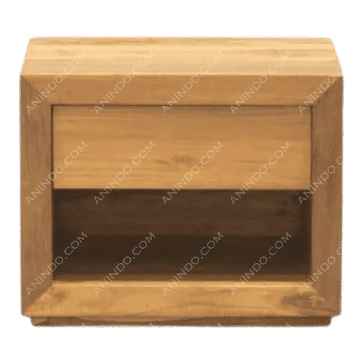 Modern wooden nightstand with open shelf.