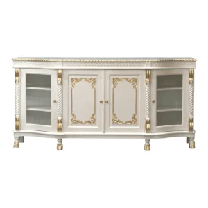 Elegant white and gold cabinet with glass doors.