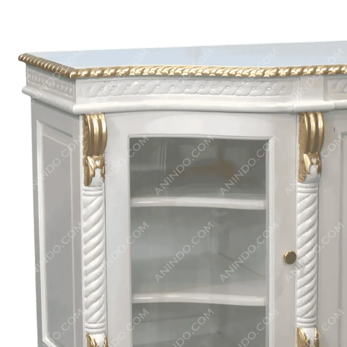 Elegant white cabinet with gold accents and glass doors.