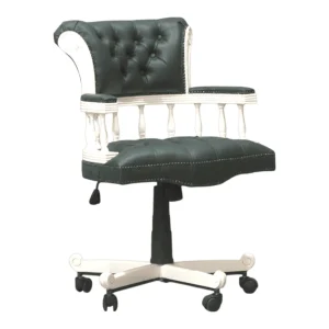 Elegant green leather office chair with white accents