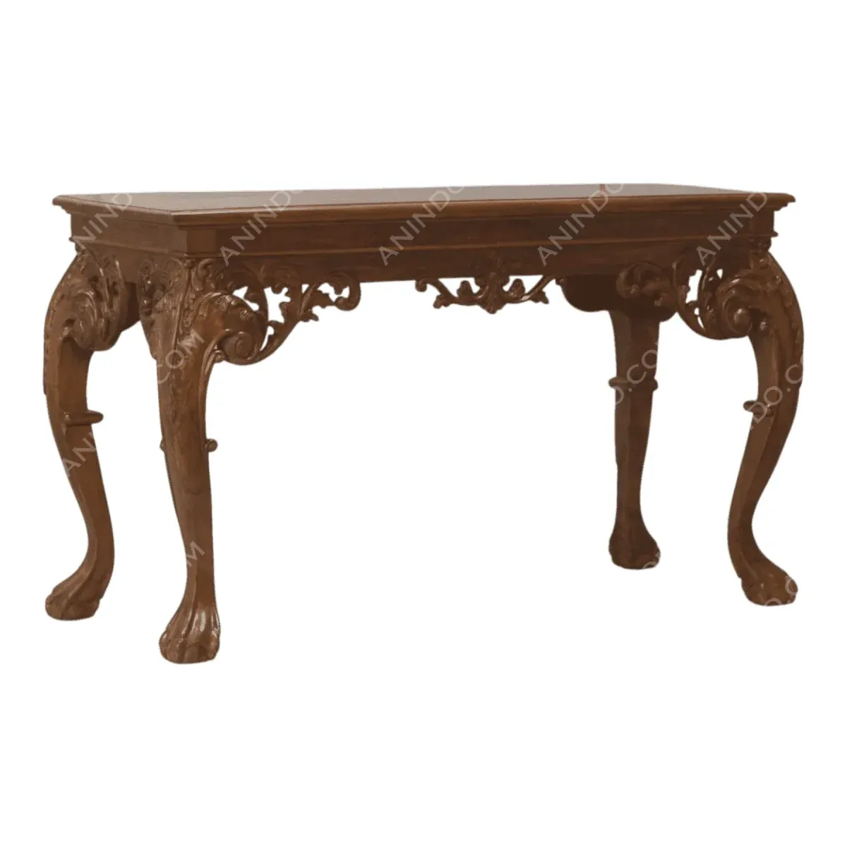 Elegant wooden table with ornate legs.