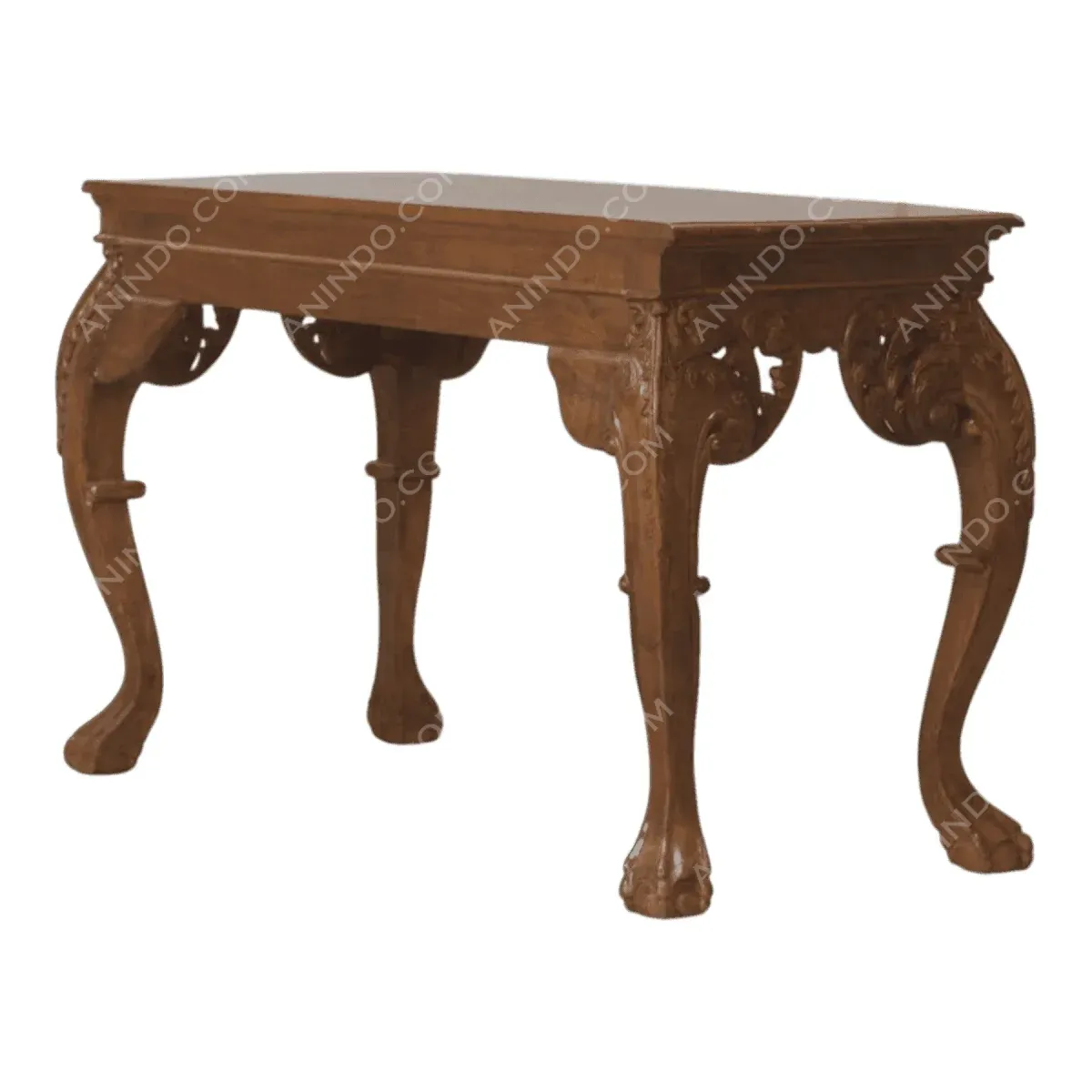 Elegantly crafted wooden table with ornate legs.