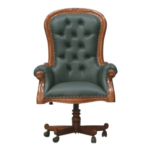 Elegant green tufted office chair with wood accents