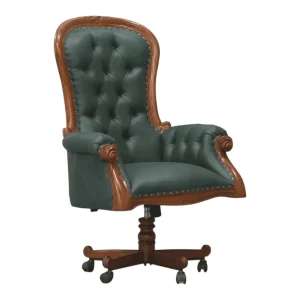 Elegant green upholstered office chair with wooden accents.
