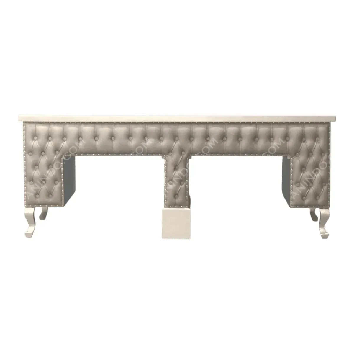 Elegant grey upholstered office desk with unique design.