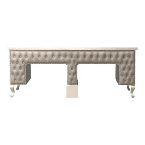 Elegant grey upholstered office desk with unique design.