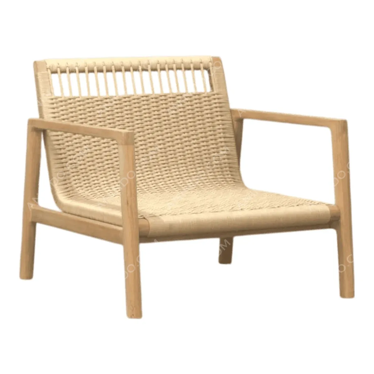 Modern woven lounge chair with wooden frame.
