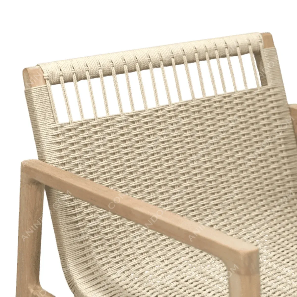 Stylish beige woven chair with wooden arms.