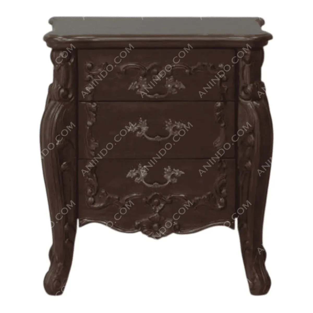 Elegant dark wood nightstand with three drawers.