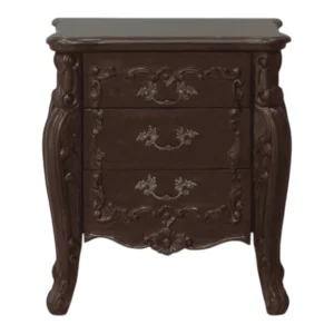 Elegant dark wood nightstand with three drawers.