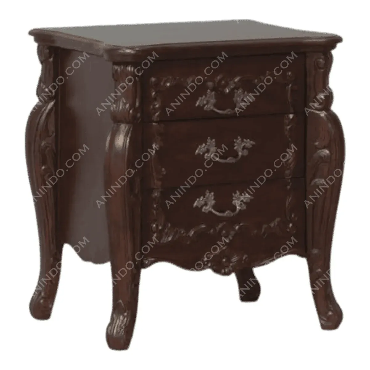 Elegant brown vintage nightstand with three drawers.