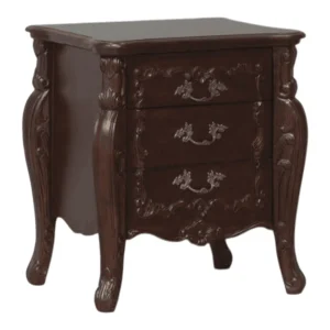 Elegant brown vintage nightstand with three drawers.