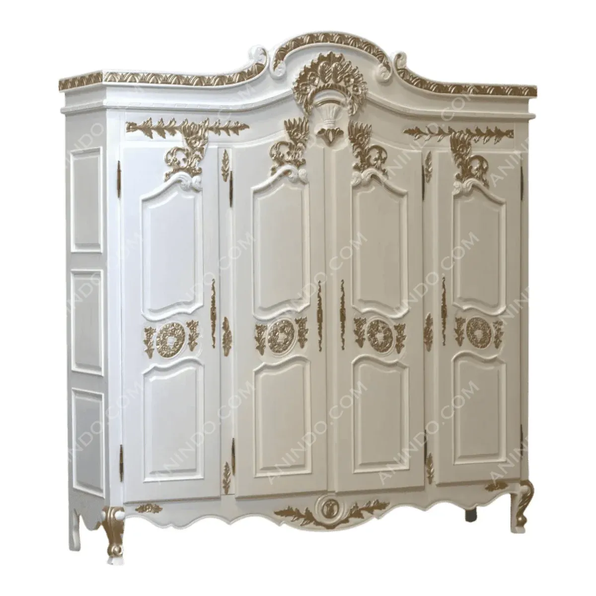 Elegant white wardrobe with intricate gold details.