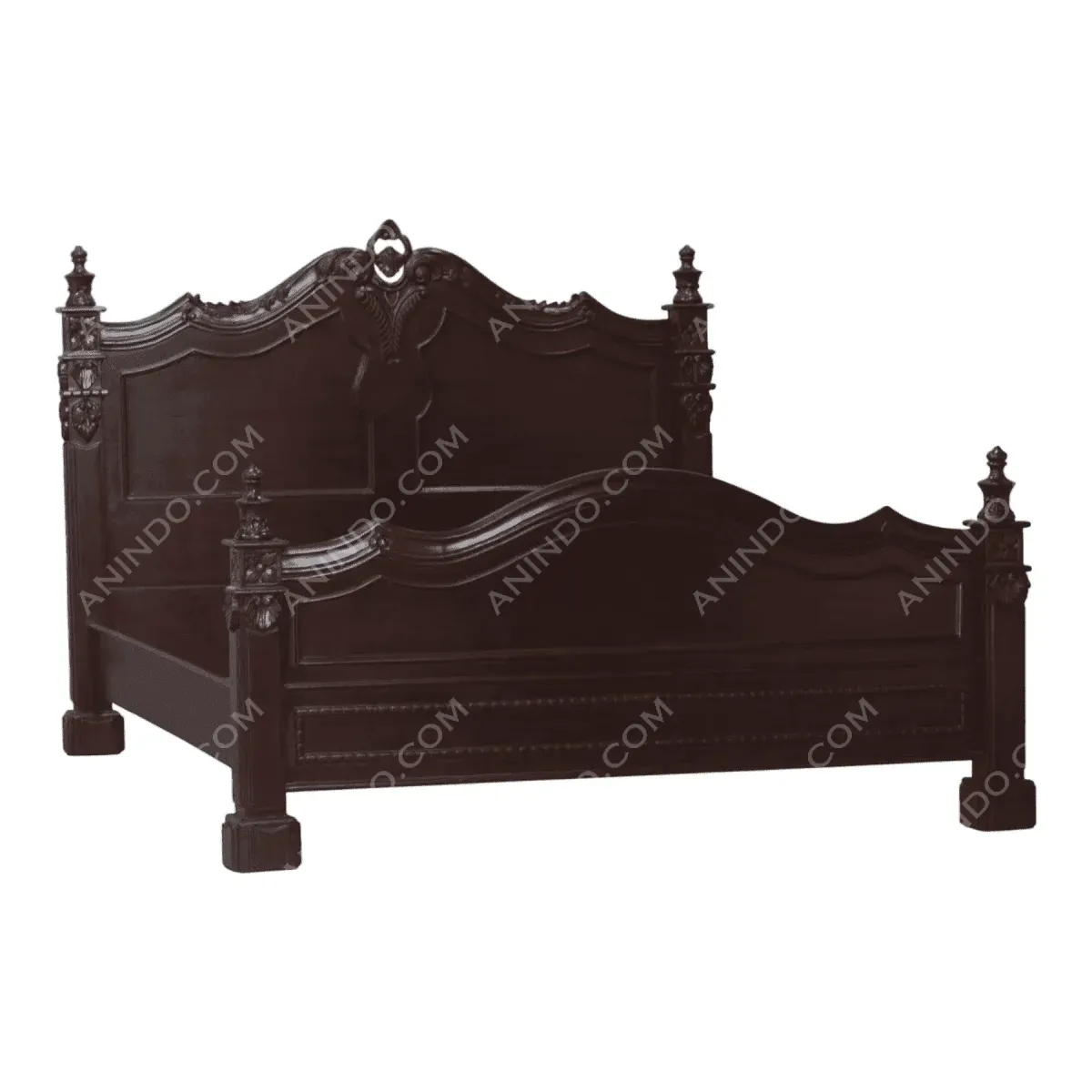 Elegant wooden bed with ornate details.