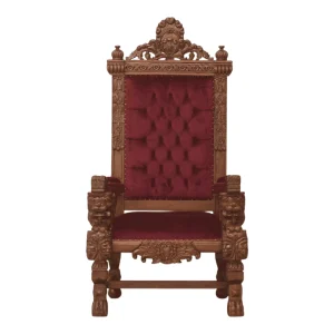 Ornate wooden throne with burgundy upholstery.