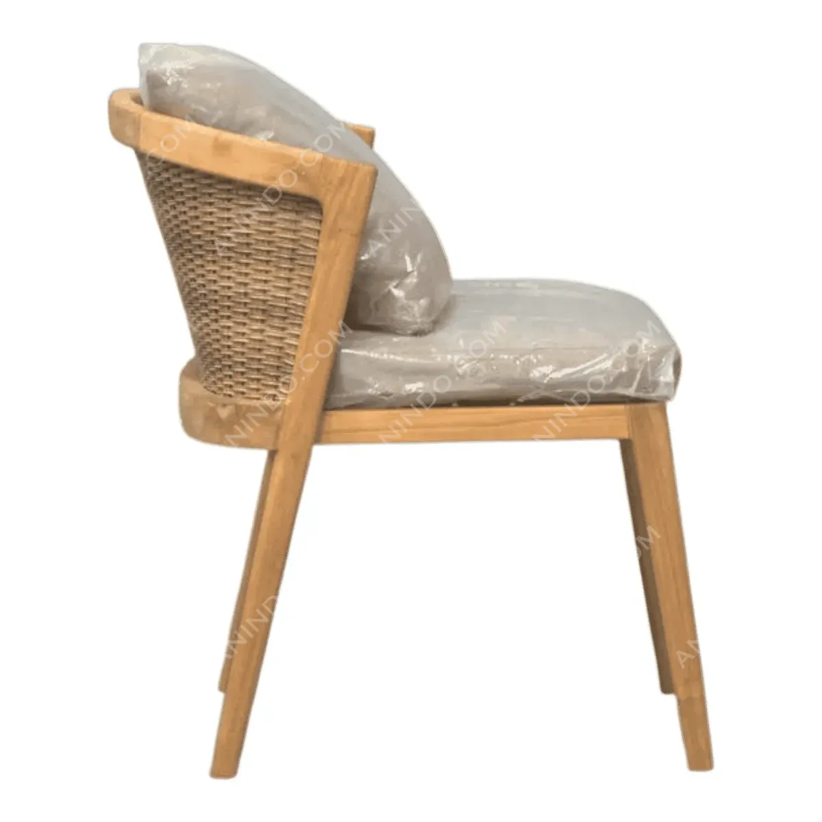 Side view of a modern wooden chair with cushions.