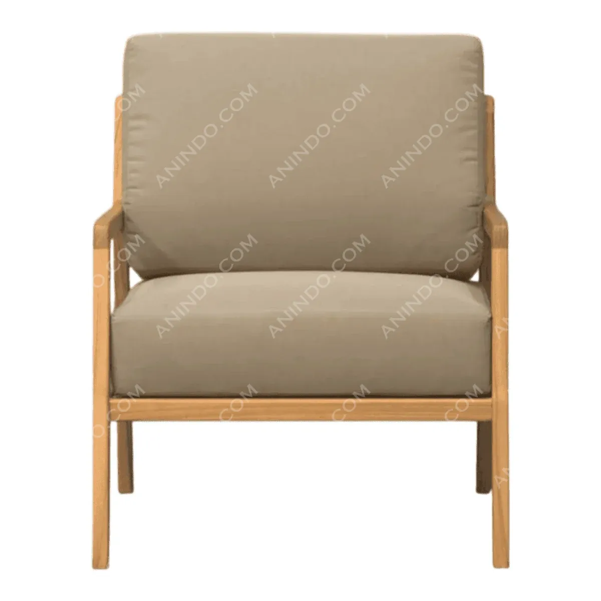 Modern beige upholstered chair with wooden frame.