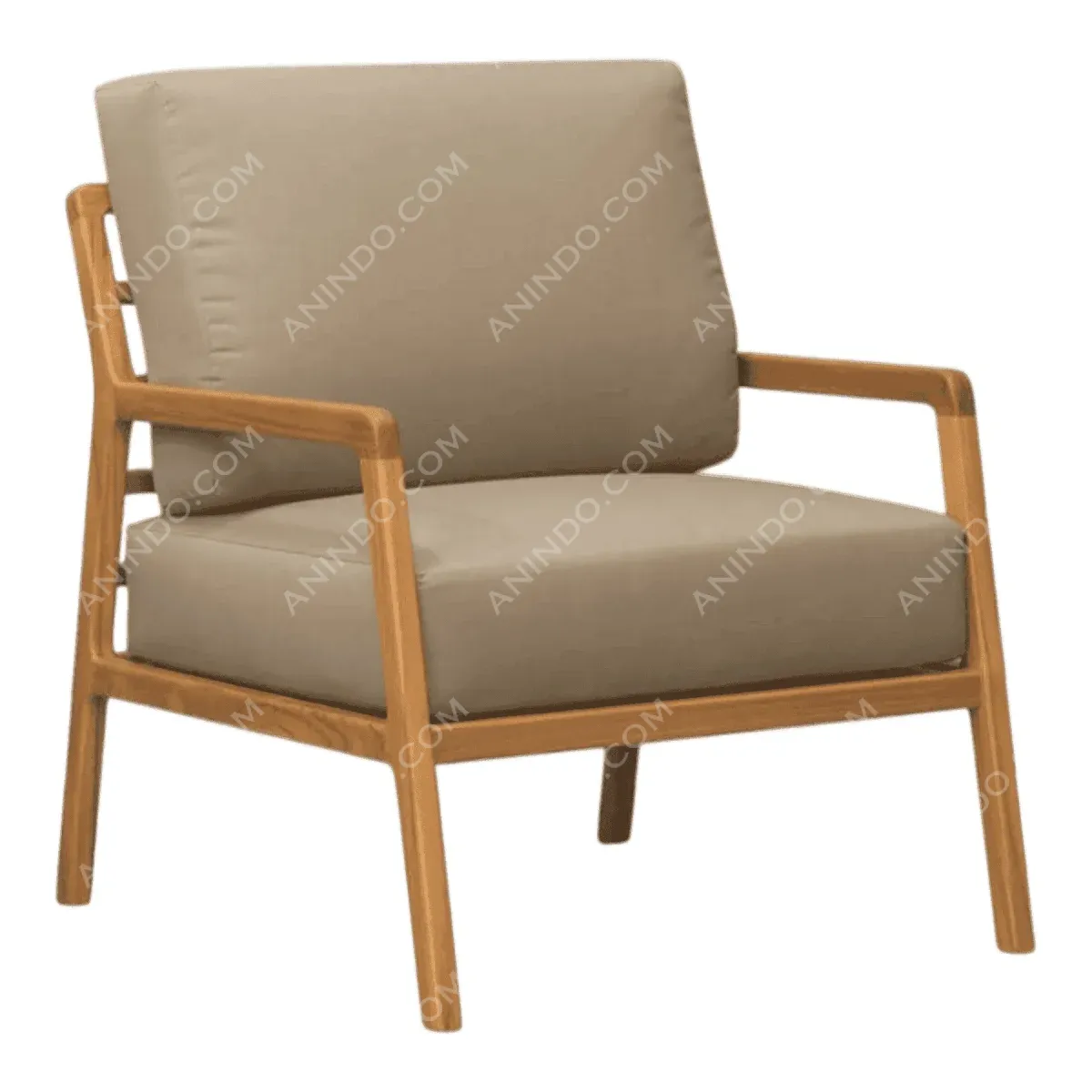 Modern wooden chair with beige cushions.
