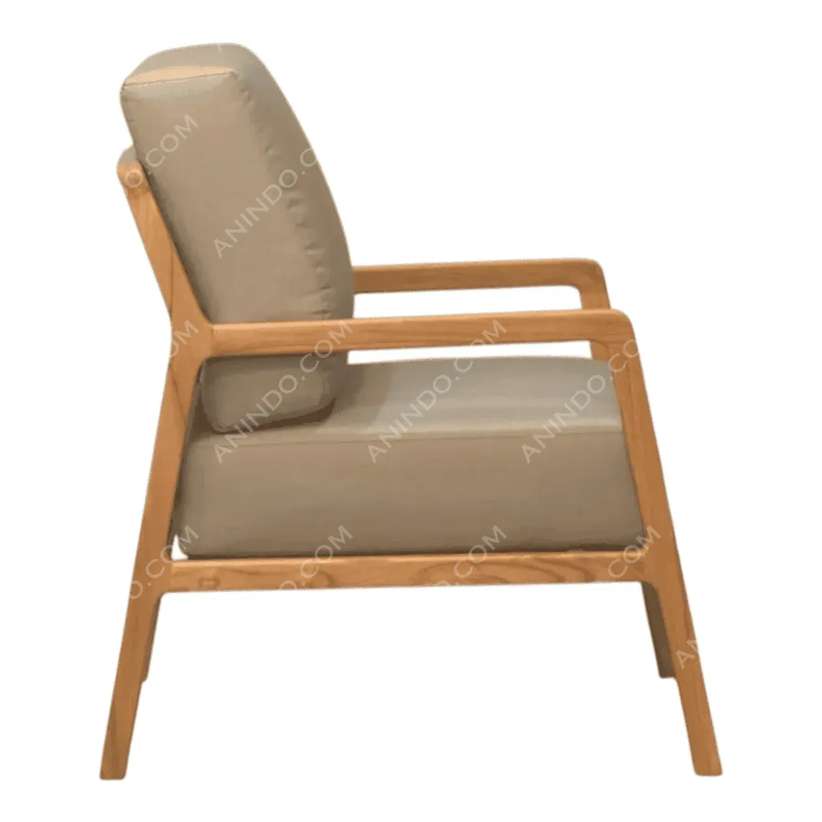 Modern wooden chair with beige cushioning.