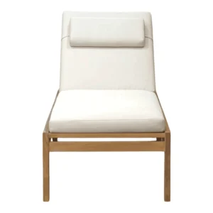 Minimalist white lounge chair with wooden frame.
