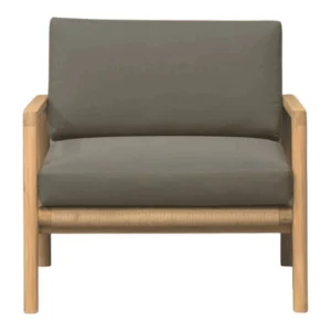 Stylish gray armchair with wooden frame.
