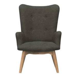 Stylish dark fabric armchair with wooden legs.