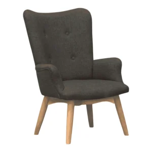 Stylish dark upholstered armchair with wooden legs.
