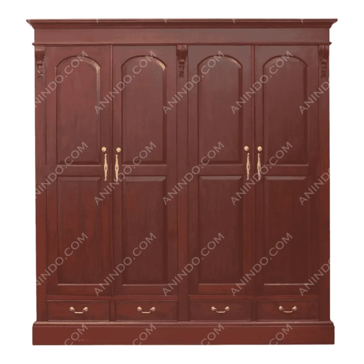 Wooden wardrobe with multiple doors and drawers.