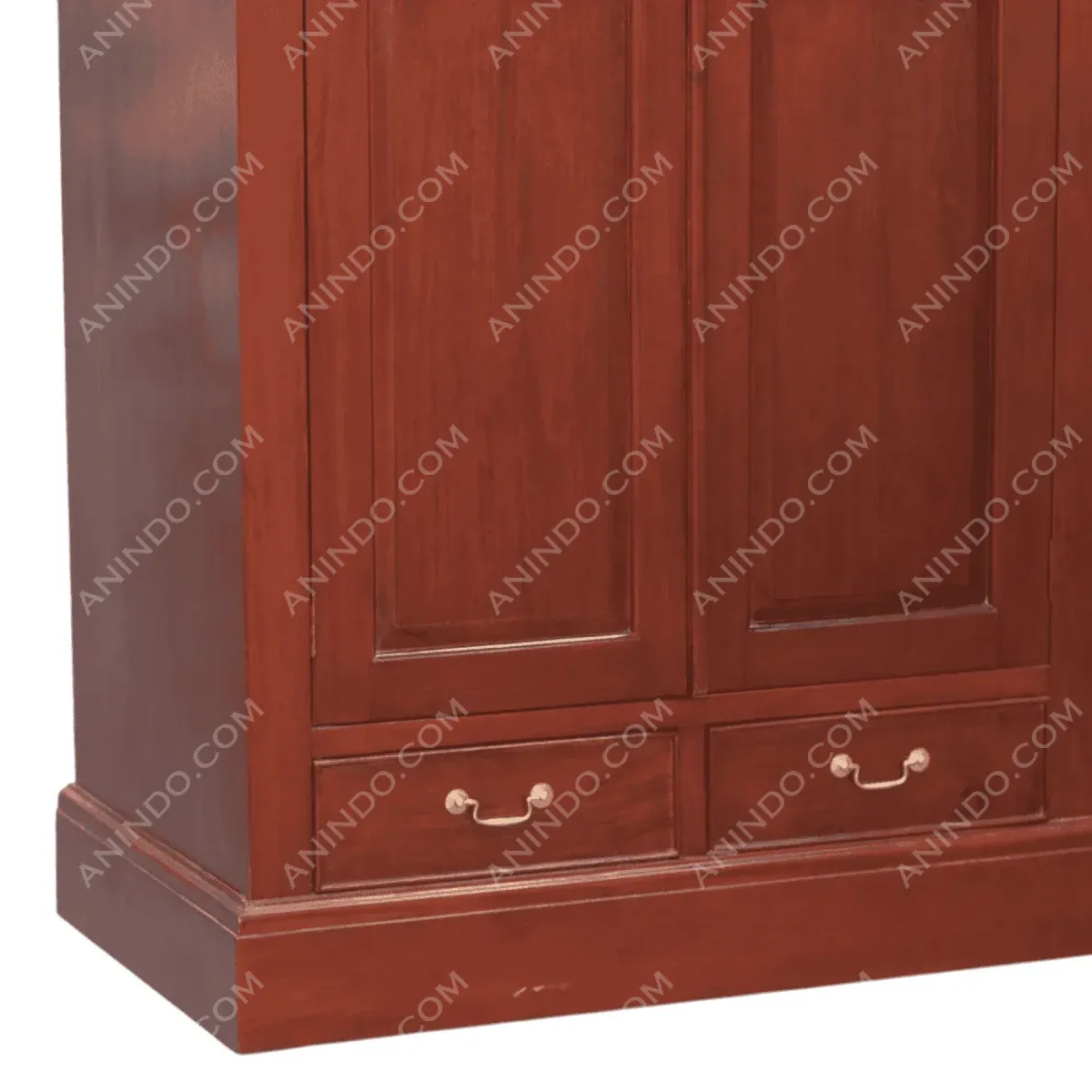 Wooden cabinet with two doors and drawers.
