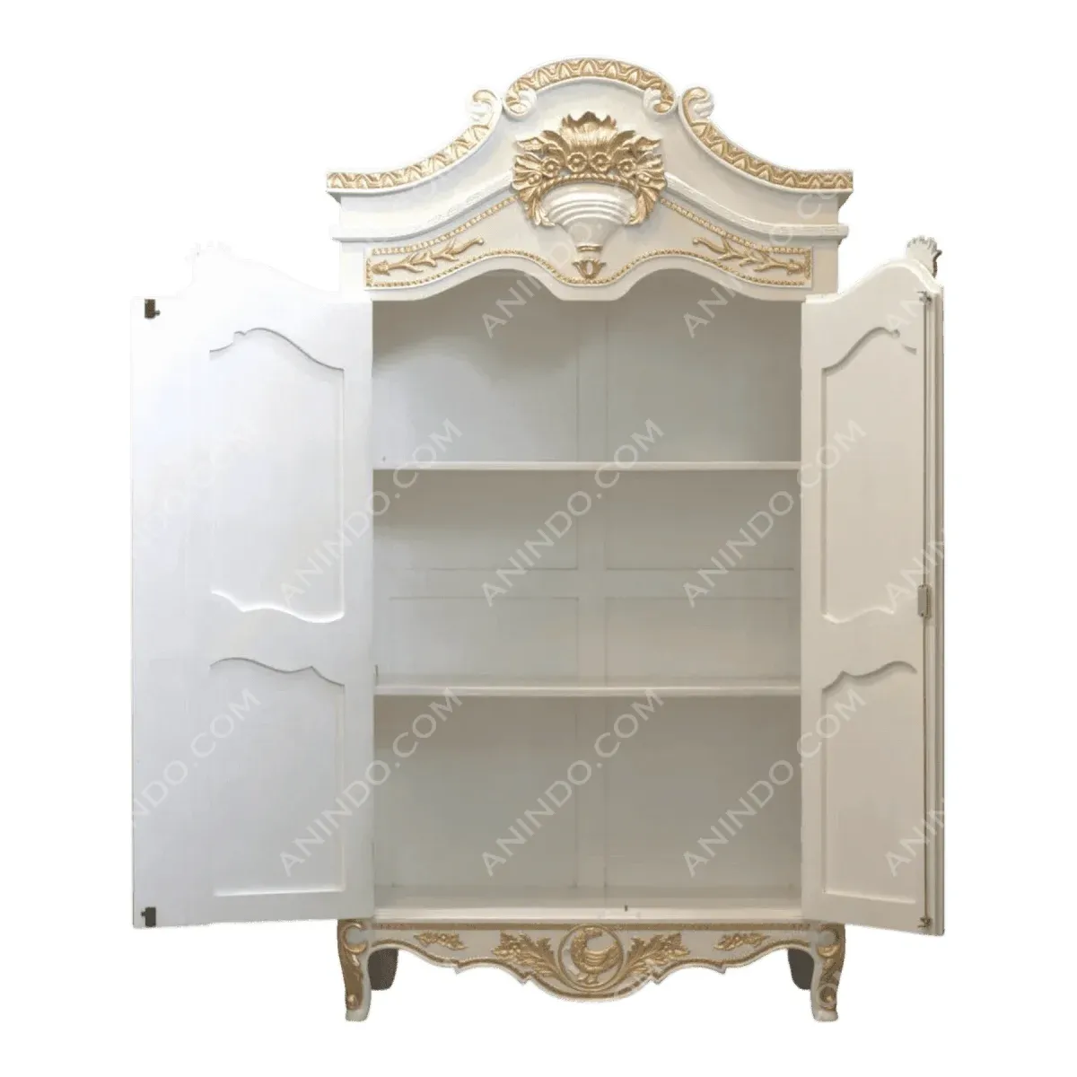 Elegant white and gold decorative cabinet with shelves.
