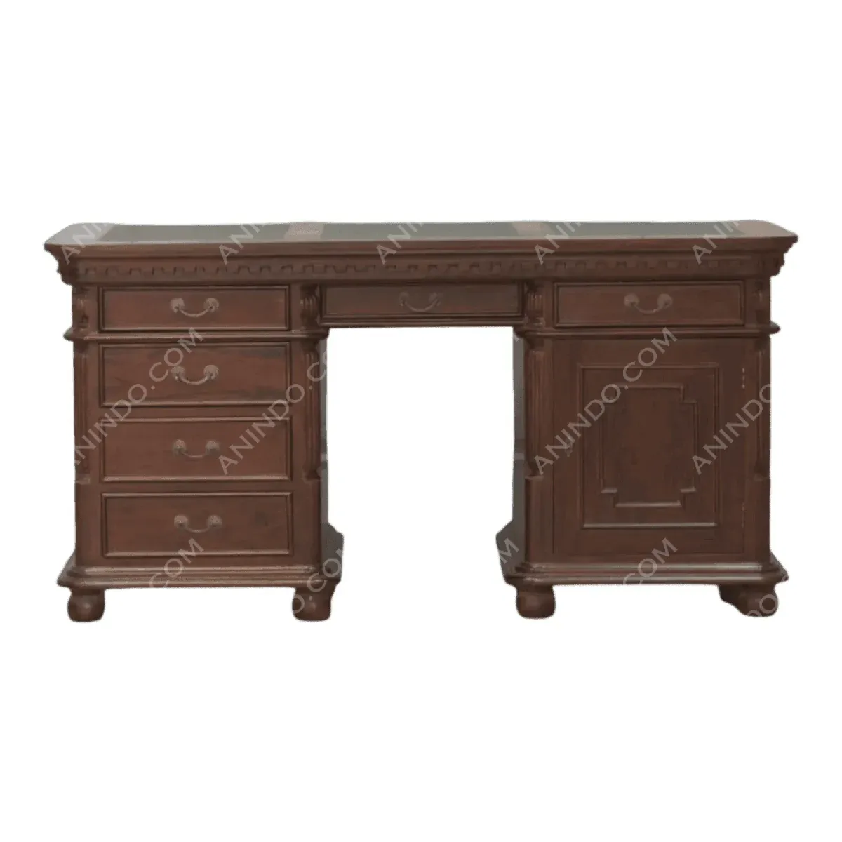 Antique wooden desk with multiple drawers.