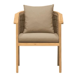 Wooden chair with cushions and woven sides.