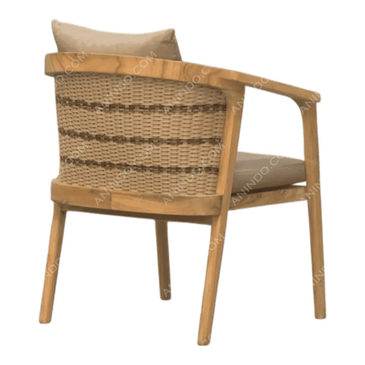 Stylish wooden chair with woven back and cushion.
