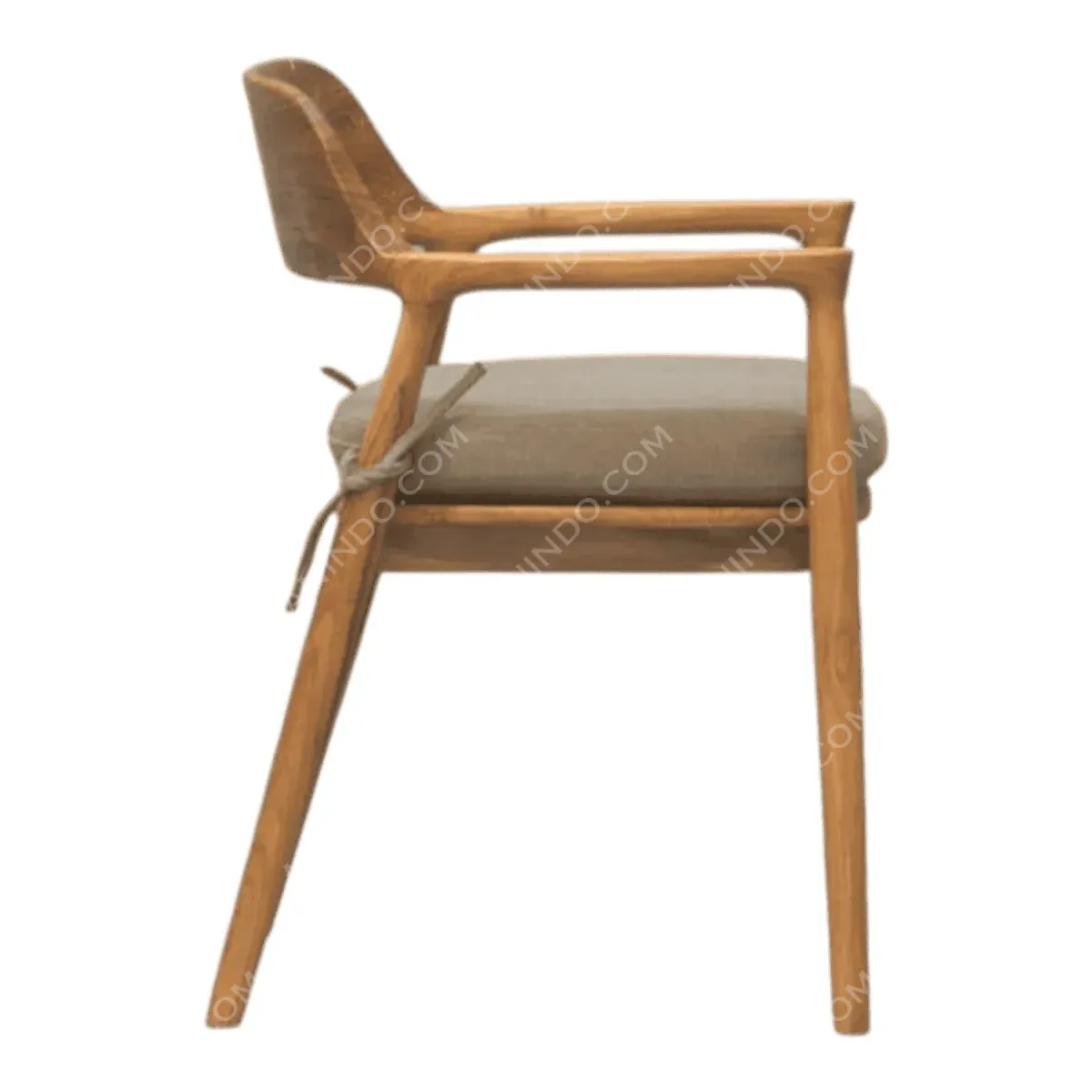 Side view of a wooden chair with cushion.