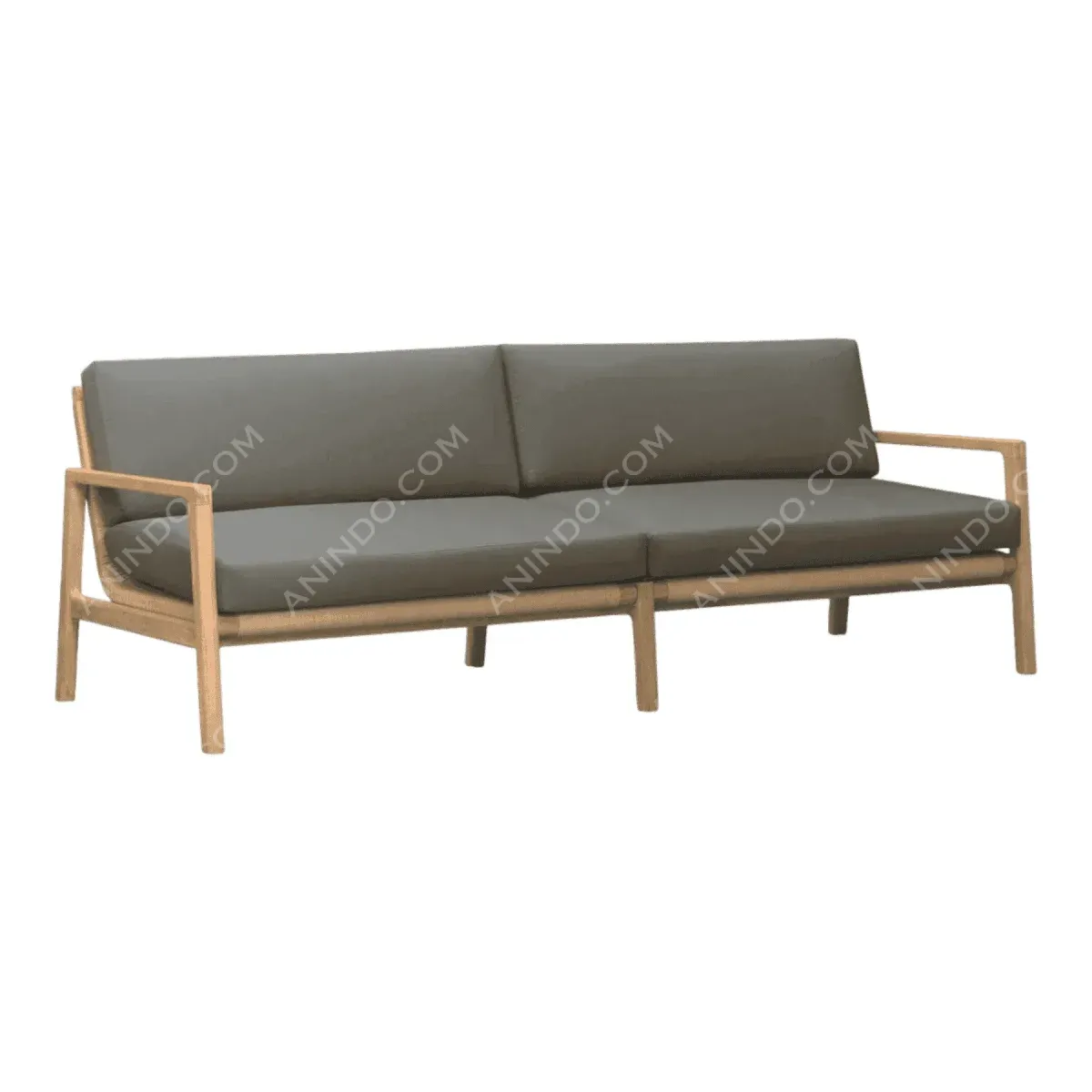 Modern gray sofa with wooden frame.