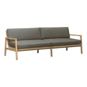 Modern gray sofa with wooden frame.